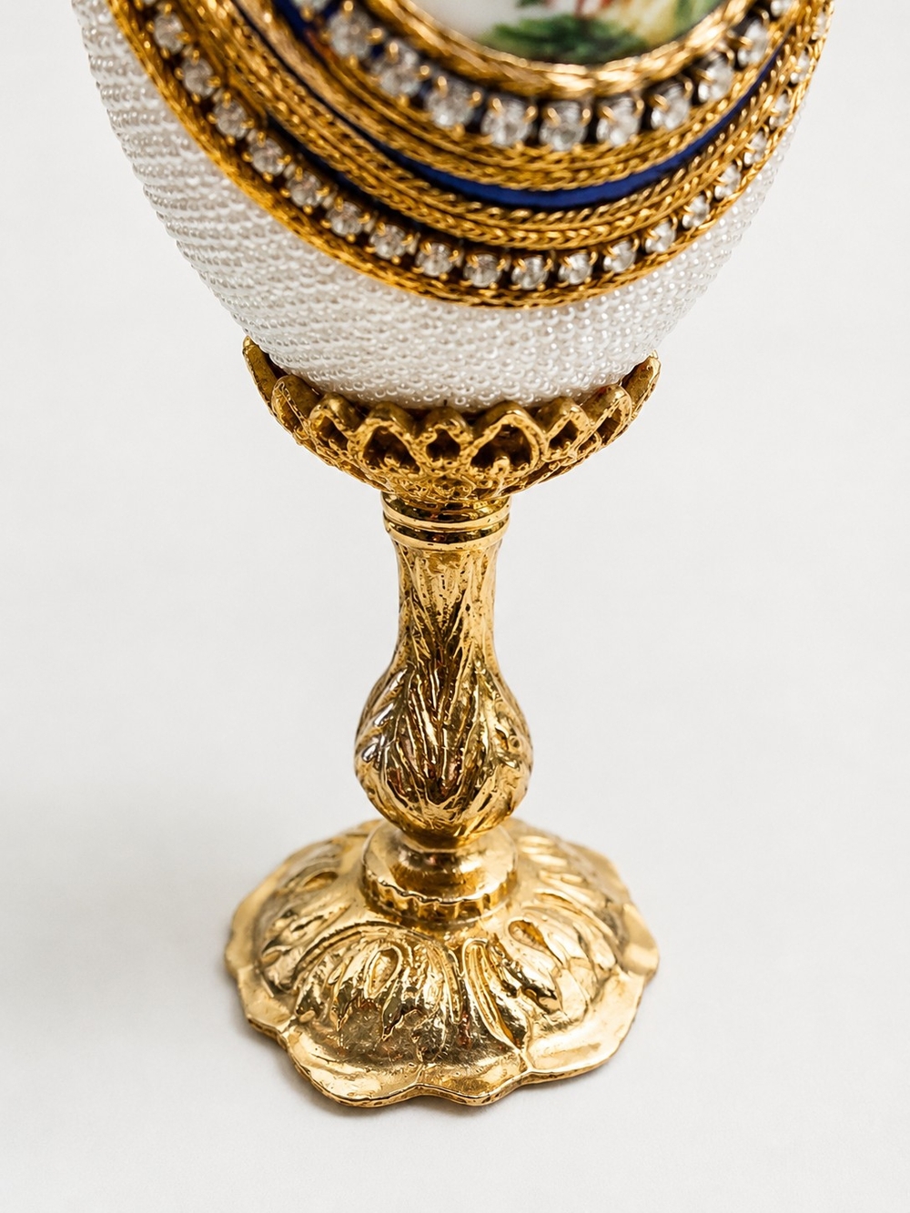 Vintage Fabergé Style Jeweled Egg Trinket Box on Stand 6" Tall White Beaded Blue - Picture 5 of 5